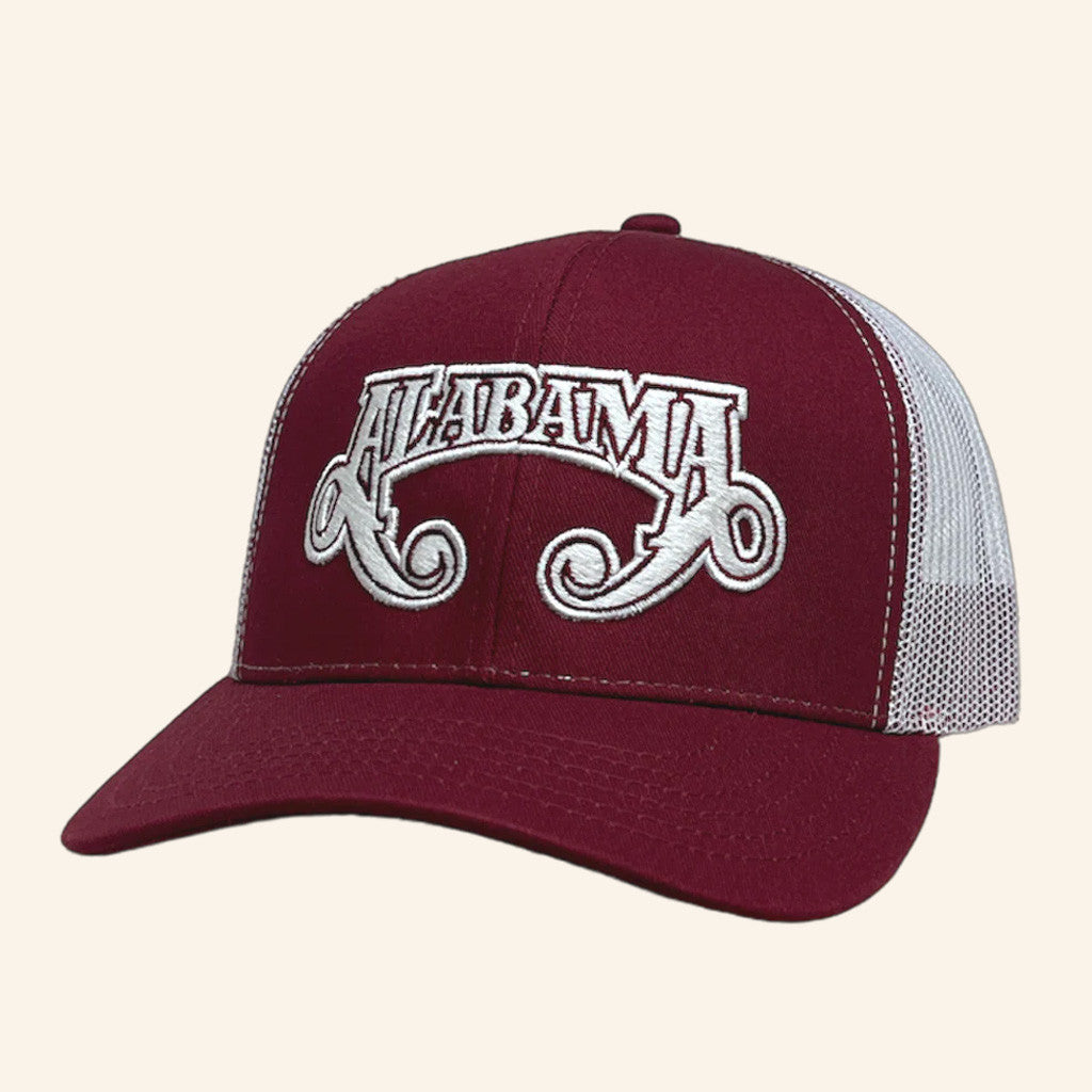 Alabama Merch Tour 2025 Alabama Maroon and White Embroidered Trucker Hat Friends Gifts - Lilybirchmarket