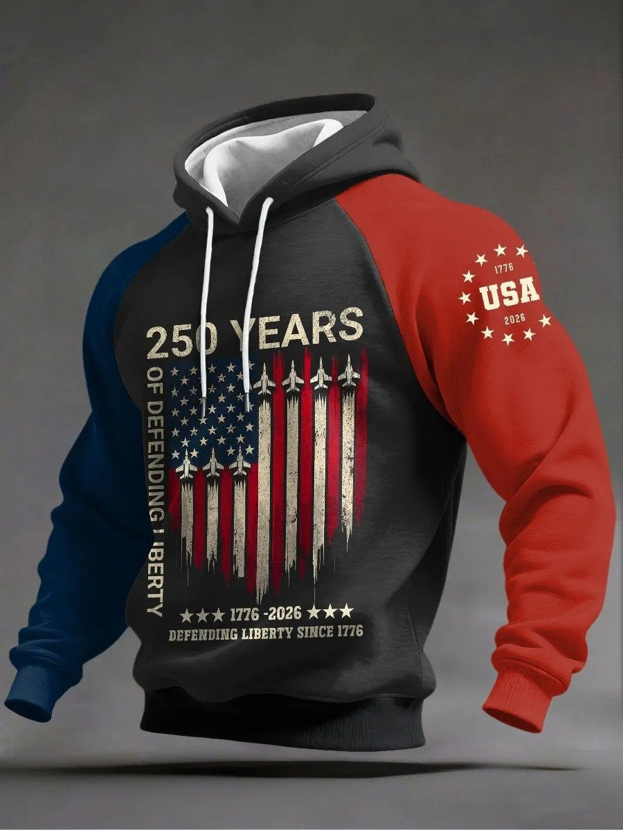 America 250 Years Of Defending Liberty Hoodie 1776 2026 July 4 Clothes Patriotic Gifts For Men - Lilybirchmarket