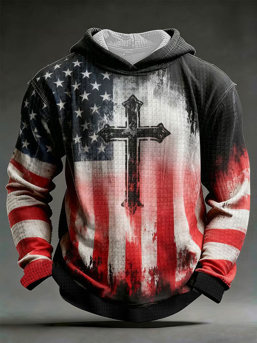 American Flag Cross Waffle Hoodie Bible Verse Faith Clothing Men's Christian Faith Gift - Lilybirchmarket