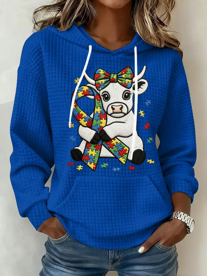 Autism Awareness Cute Cow Puzzle Ribbon Hoodie April Acceptance Month Apparel Gift For Cow Lovers - Lilybirchmarket