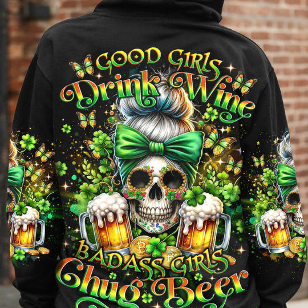B Girls Chug Beer Messy Bun Skull Patrick_S Day Hoodie Ladies Clothing Unique Mother's Day Gifts - Lilybirchmarket