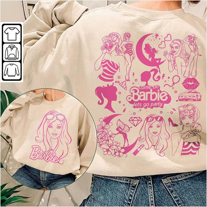 Barbie Movie Doodle Art Sweatshirt, 2 Side Princess Barbies Gifts For BFF Trendy Merch - Lilybirchmarket
