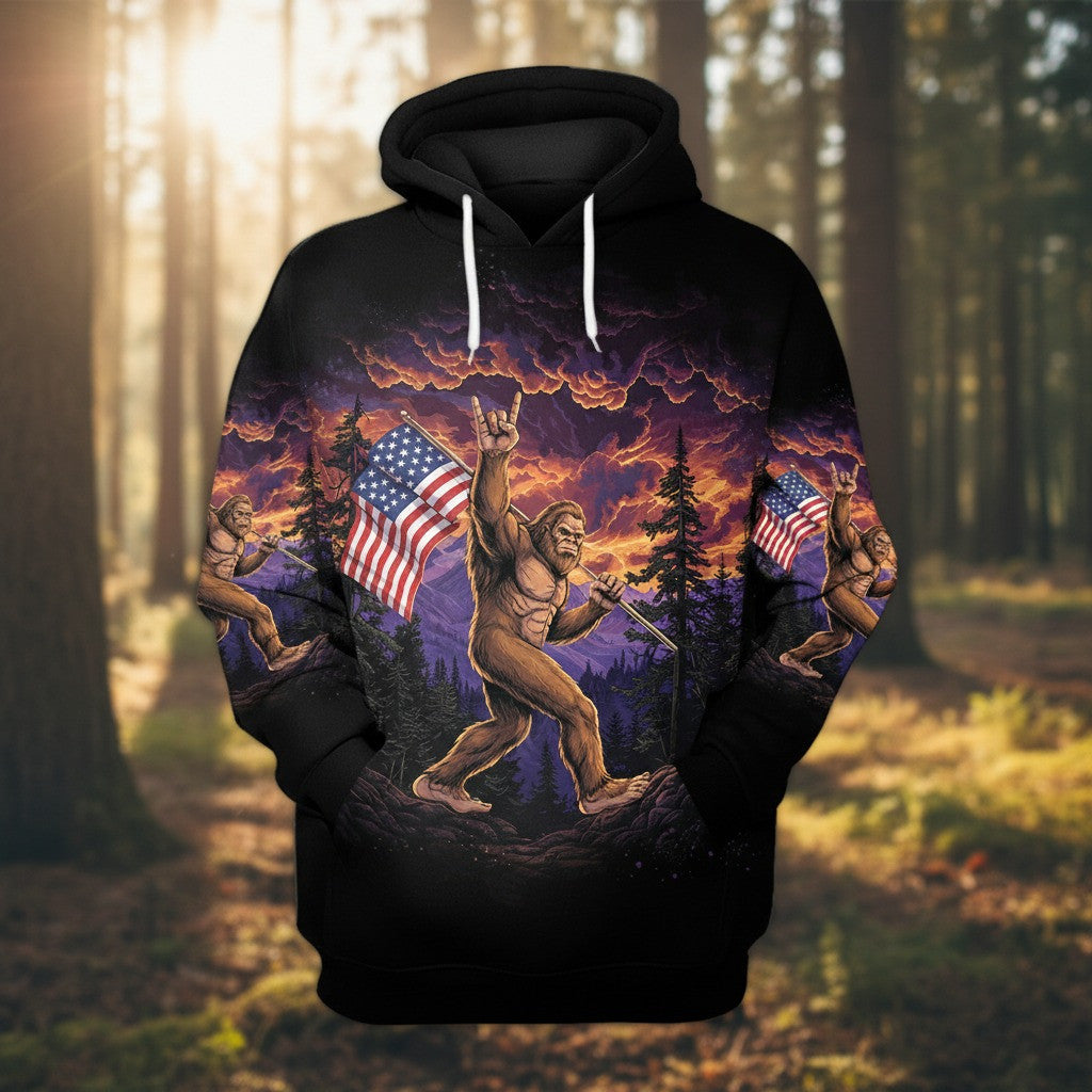 Bigfoot Freedom Walk Sunset Hoodie Patriotic Men's Clothing Best Bigfoot Gifts - Lilybirchmarket