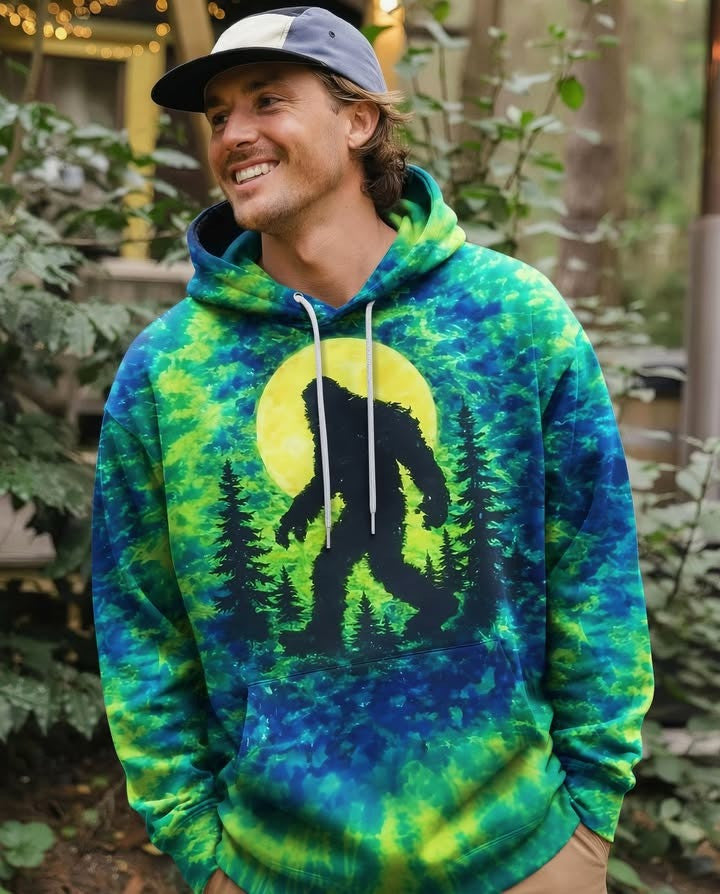 Bigfoot In The Forest Tie Dye Hoodie Bigfoot Graphic Hooded Sweatshirt Sasquatch Themed Gifts - Lilybirchmarket