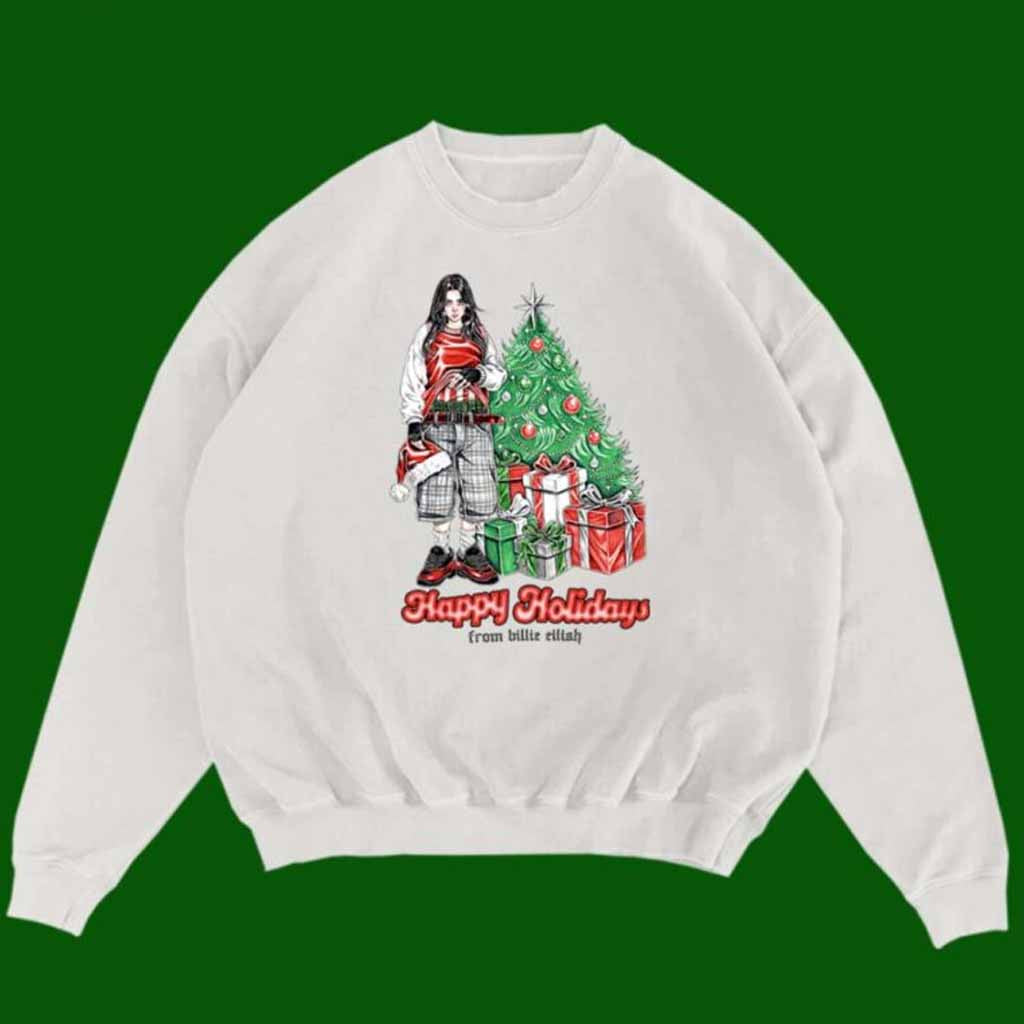 Billie Eilish Happy Holidays 2024 White Crewneck Sweatshirt Billie Eilish Merch Gifts For Music Lovers - Lilybirchmarket