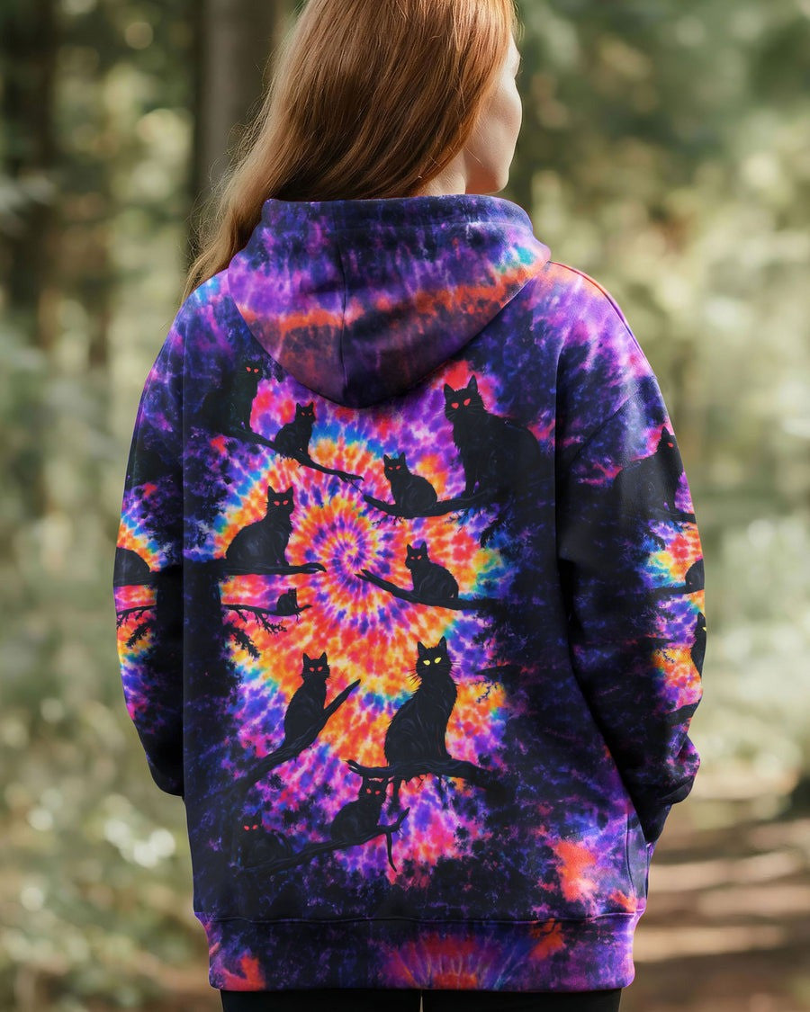 Black Cat In The Dark Tie Dye Hoodie Women's Groovy Clothing Best Gifts For Cat Lovers - Lilybirchmarket