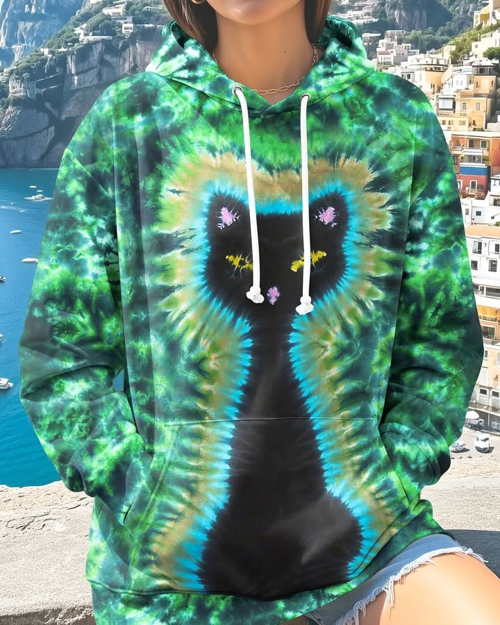 Black Cat Tie Dye Hoodie Groovy Apparel Cat Lovers Gifts Ideas For Girlfriend - Lilybirchmarket