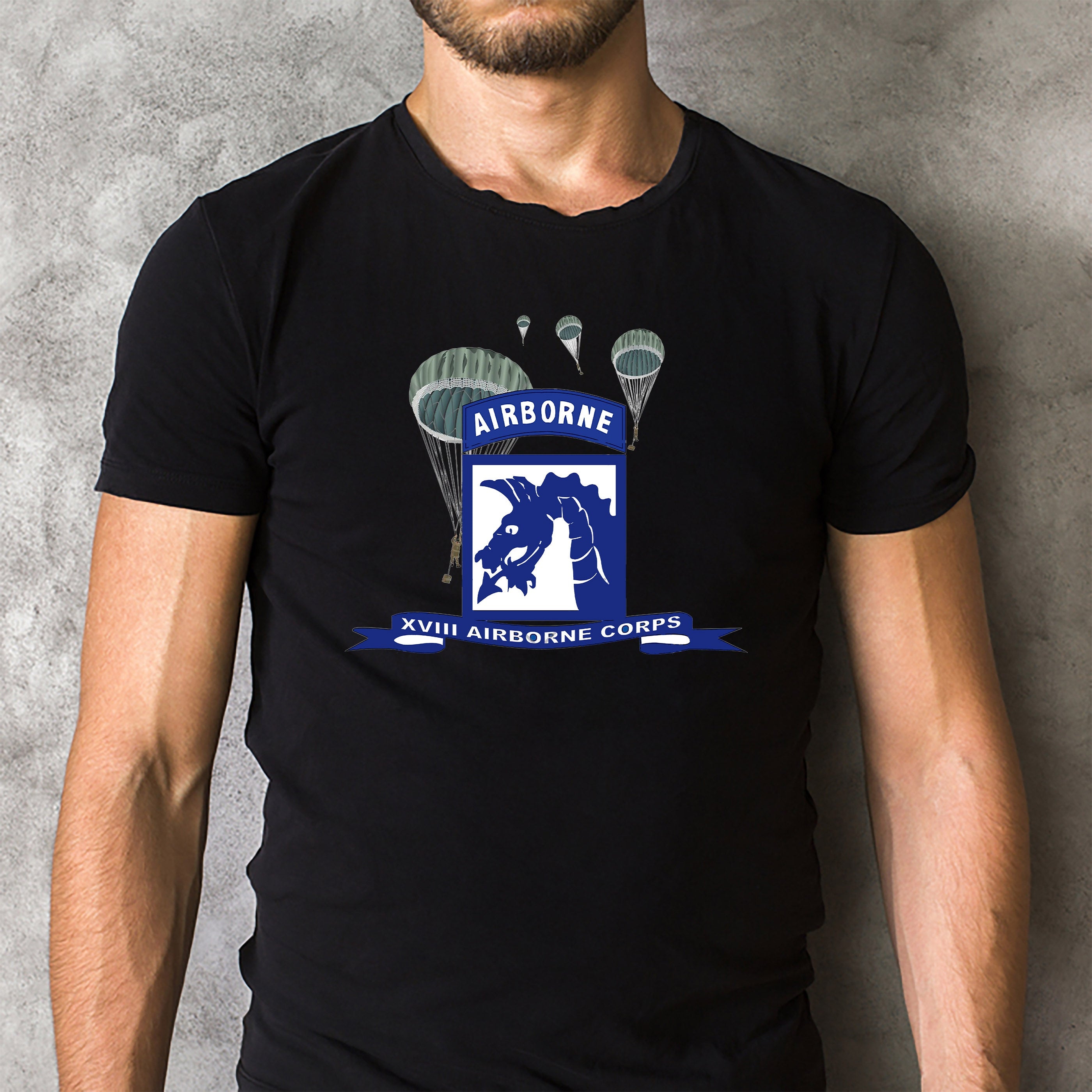 US Army XVIII Airborne Corps w Parachute Ribbon Classic Unisex T-Shirt Gildan 5000  (Made In US) DLQD1304PT05