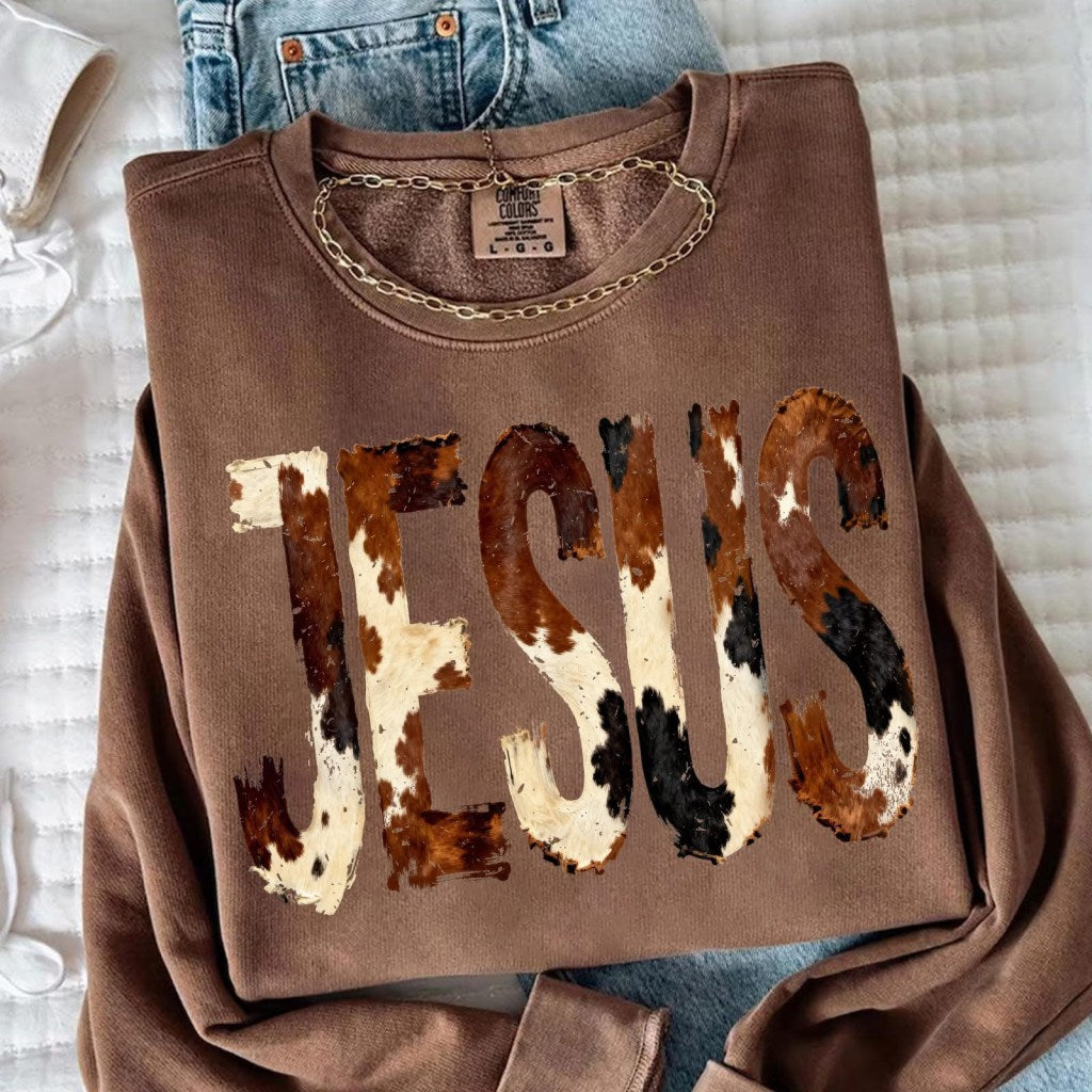 Brushstroke Cow Print Jesus Sweatshirt Women's Christian Apparel Gifts For Wife - Lilybirchmarket