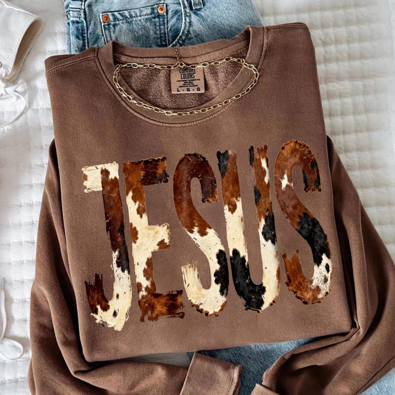 Brushstroke Cow Print Jesus Sweatshirt Women's Christian Apparel Gifts For Wife - Lilybirchmarket