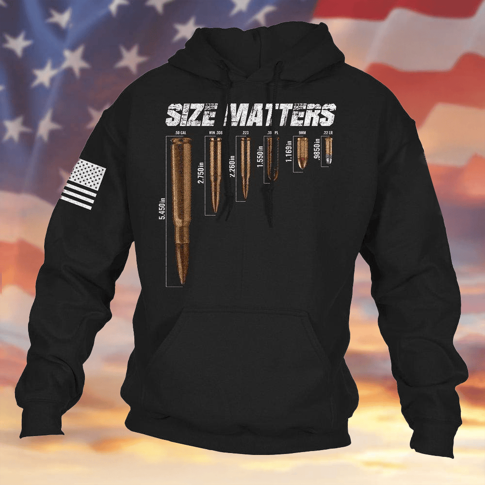 Bullet Size Matters Hoodie Men's USA Flag Hooded Sweatshirt Gifts For Veteran Dad - Lilybirchmarket