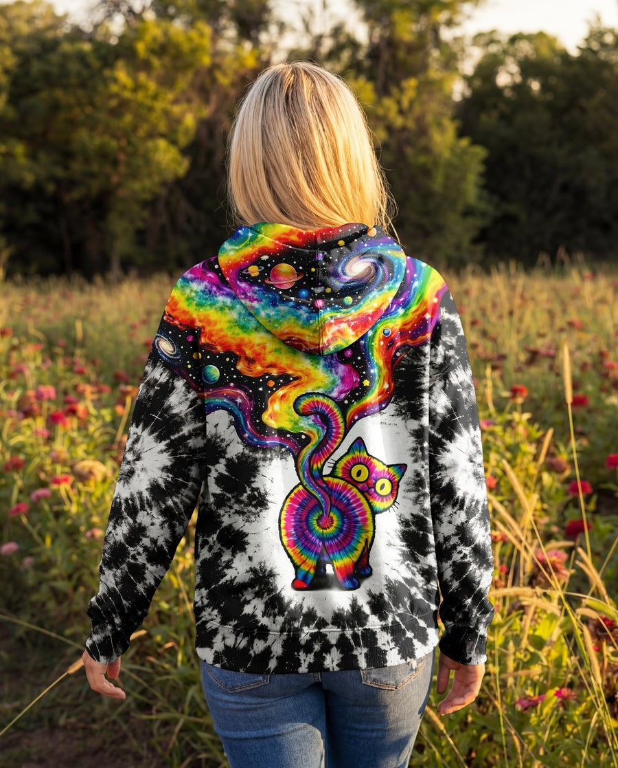 Cat Galaxy Tie Dye Hoodie Psychedelic Rainbow Cat Pullover Cat Lover Gift - Lilybirchmarket