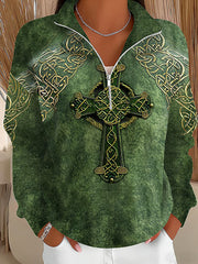  Celtic Cross Half Zip Sweatshirt Irish Pride St Patricks Day Merch St Paddy's Day Gifts - TradiViet