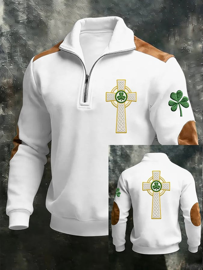  Celtic Cross Shamrock St Patrick's Day Half Zip Polo Sweatshirt St Patrick's Day Clothes Men's - TradiViet