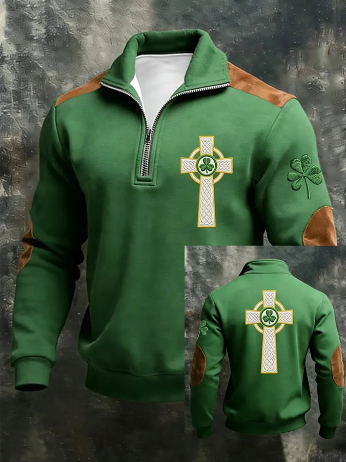  Celtic Cross Shamrock St Patrick's Day Half Zip Polo Sweatshirt St Patrick's Day Clothes Men's - TradiViet