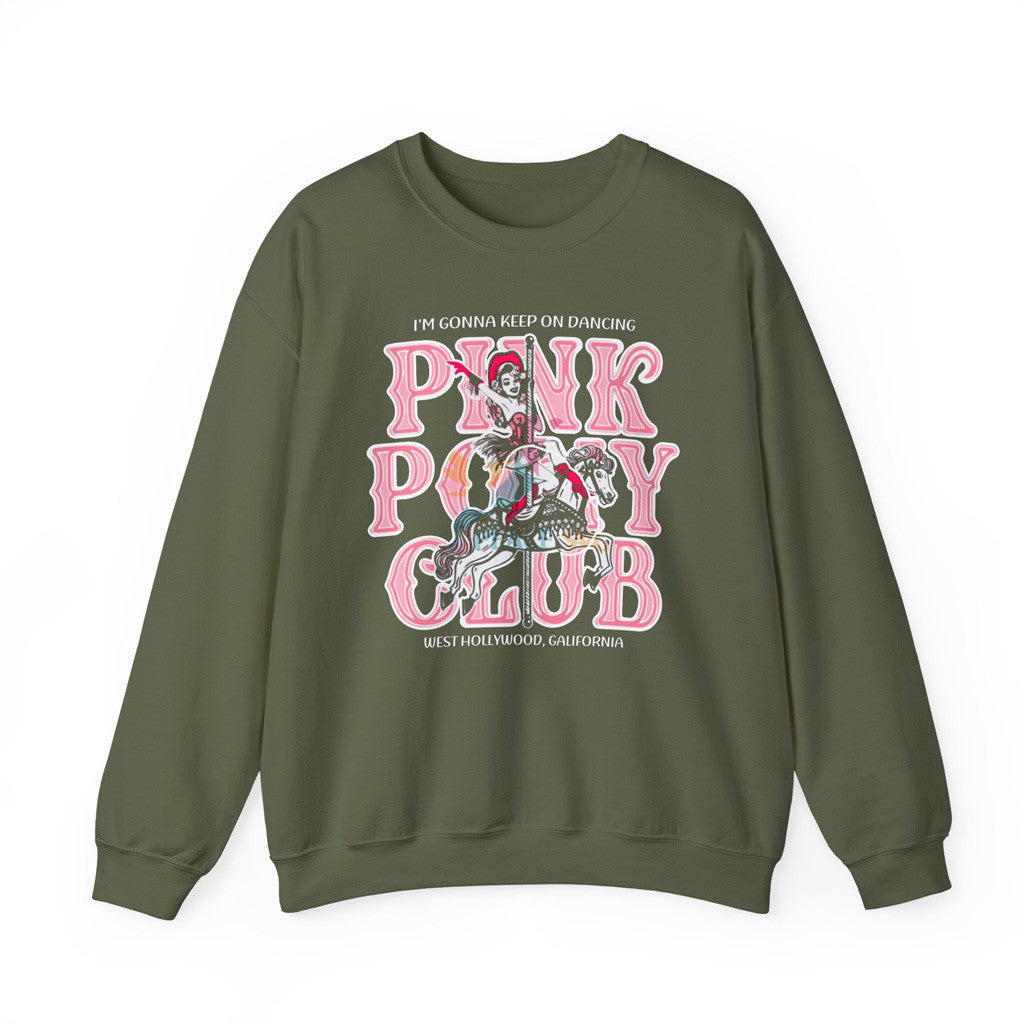 Chappell Roan Merch Tour 2025 I'm Gonna Keep On Dancing Pink Pony Club Sweatshirt Military Green - Lilybirchmarket