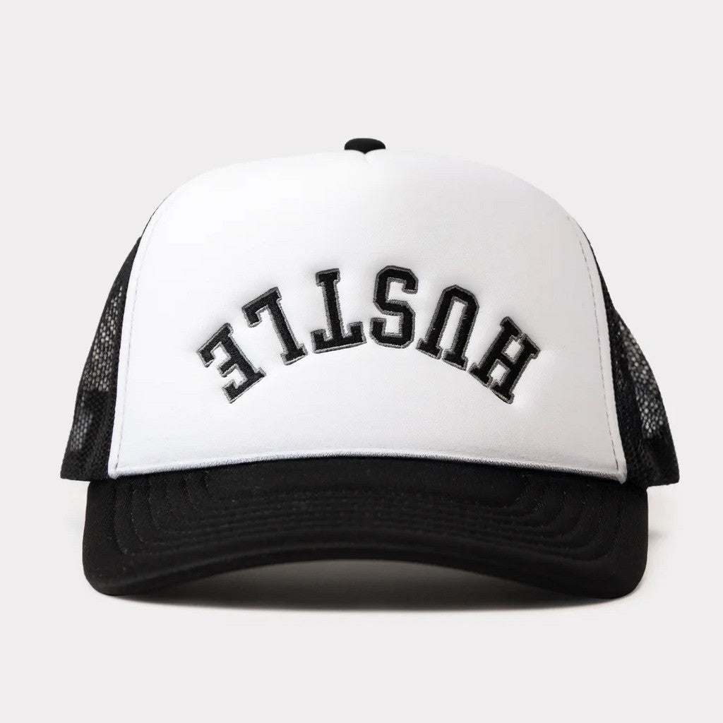 Charlie Hustle Merch White And Black Hustle Trucker Hat Gift Ideas For Husband - Lilybirchmarket