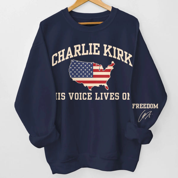Charlie Kirk Merch Freedom Charlie Kirk Sweatshirt His Voice Live On Sweatshirt Memorial Gifts - Lilybirchmarket