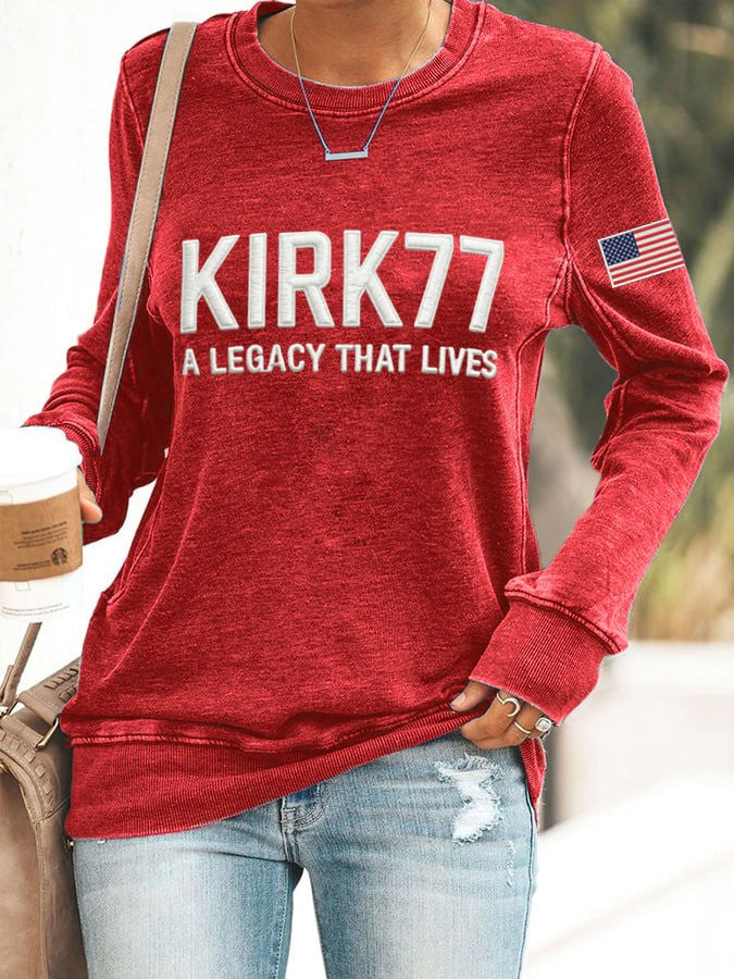 Charlie Kirk Merch Women's Kirk77 A Legacy That Lives Print Round Neck Sweatshirt Gifts For Patriots - Lilybirchmarket