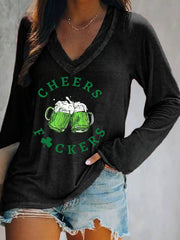  Cheers Fckers Clover Long Sleeve V-Neck T-Shirt St Patricks Shirts St Patty's Day Gift Ideas - TradiViet