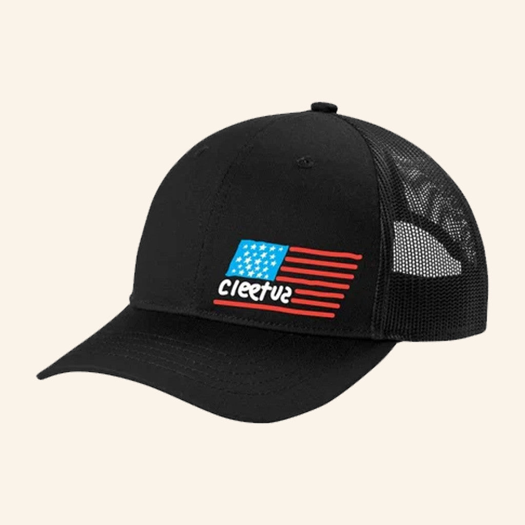 Cleetus McFarland Merch Cleetus Flag Black Trucker Hat Embroidered Gifts For Racing Lovers - Lilybirchmarket