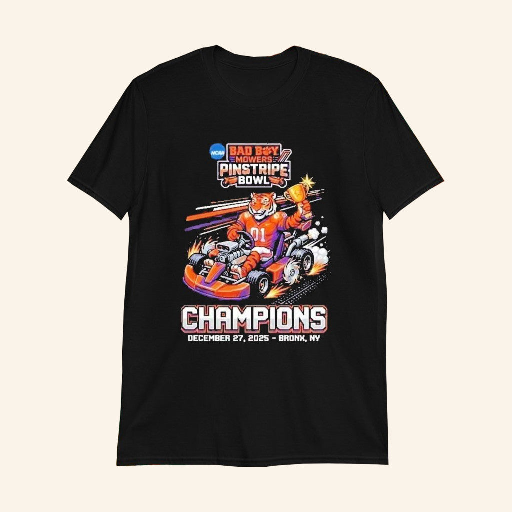Clemson Tigers Merch Bad Boy Mowers Pinstripe Bowl Champions Mario Kart Mascot Trophy T-Shirt - Lily Birch Market