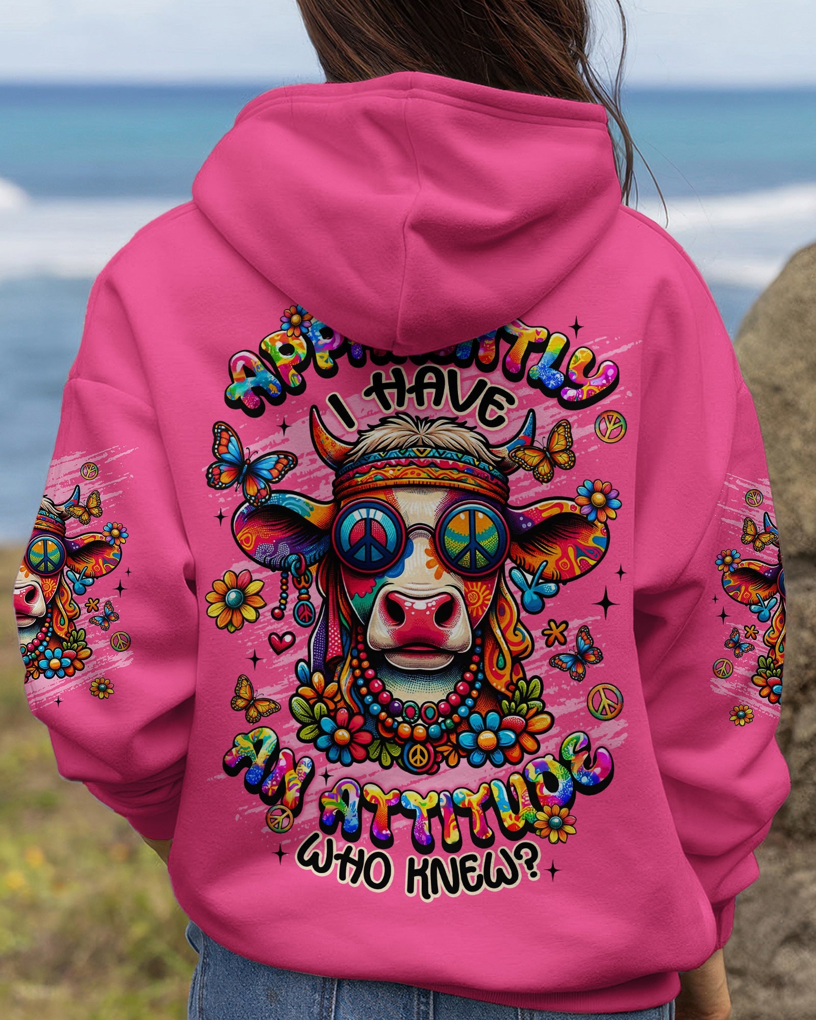 Cow Apparently I Have An Attitude Hoodie Colorful Cow With Peace Glasses Flowers Gift For Wife - Lilybirchmarket