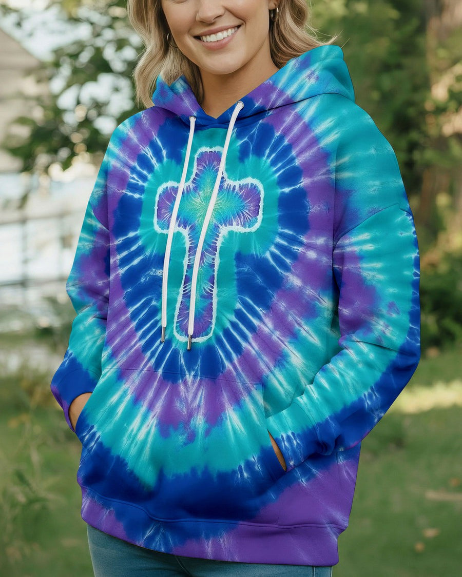 Cross Aura Of Grace Tie Dye Hoodie Women's Faith Based Apparel Best Gifts For Christian - Lilybirchmarket