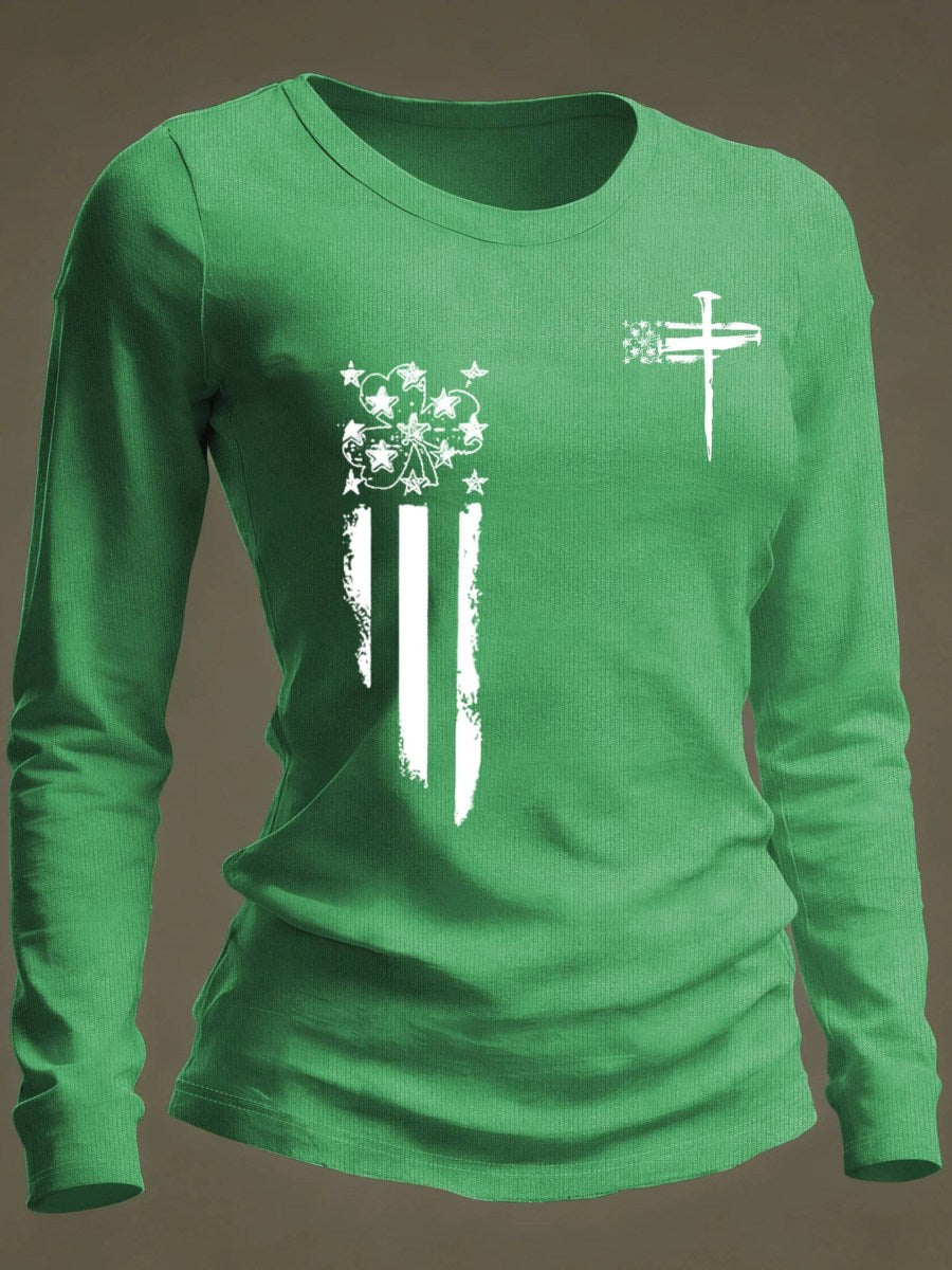 Cross Shamrock American Flag Green Long Sleeve Shirt Happy St Patrick's Day Gifts For Women - Lily Birch Market