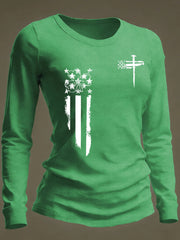  Cross Shamrock American Flag Green Long Sleeve Shirt Happy St Patrick's Day Gifts For Women - TradiViet