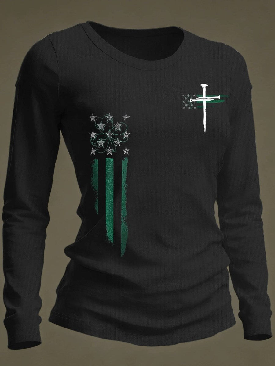Cross Shamrock American Flag Long Sleeve Shirt Happy St Patrick's Day Gifts For Women - Lily Birch Market