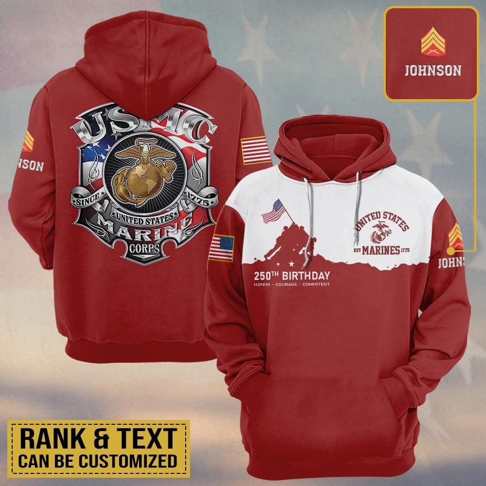 Custom U.S Marines 250th Birthday Honor Courage Commitment Hoodie USMC Veteran Gifts For Dad - Lilybirchmarket