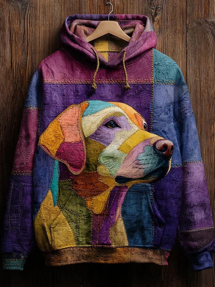 Dog Patchwork Hoodie Adorable Folk Art Hooded Sweatshirt Gifts For Dog Lovers - Lilybirchmarket