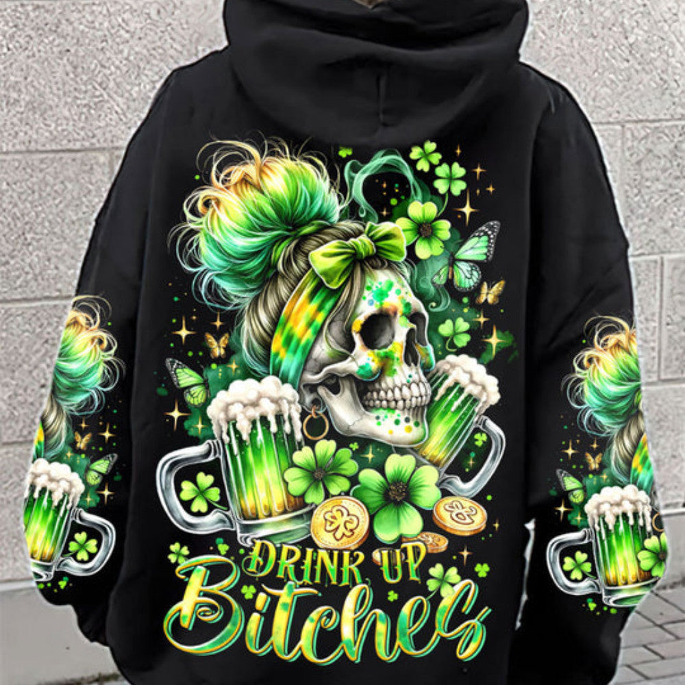 Drink Up B Messy Bun Skull Patrick_S Day Hoodie Best Mother's Day Hoodie Gifts For Wife - Lilybirchmarket