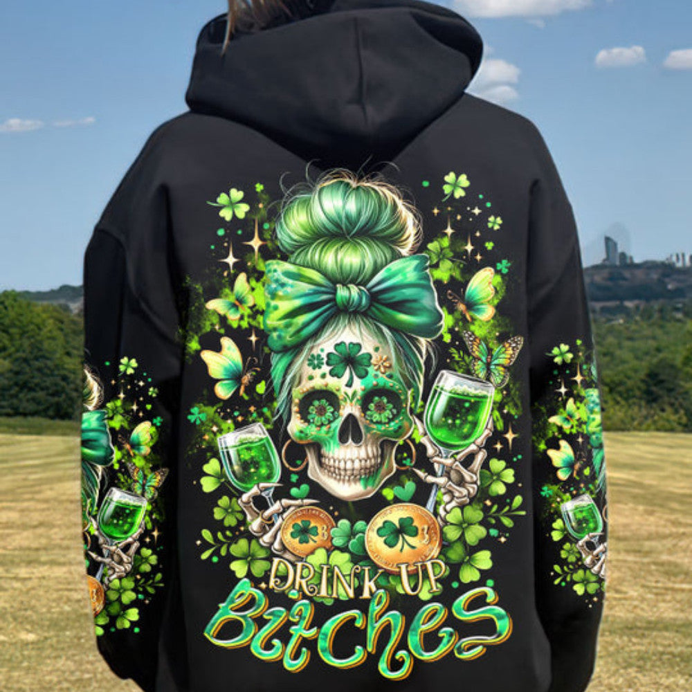 Drink Up B Messy Bun Skull Patrick's Day Hoodie Best Mother's Day Hoodie Ideas For Mom - Lilybirchmarket