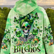 Drink Up B Messy Bun Skull Patrick's Day Hoodie Best Mother's Day Hoodie Unusual Skull Gifts - Lilybirchmarket