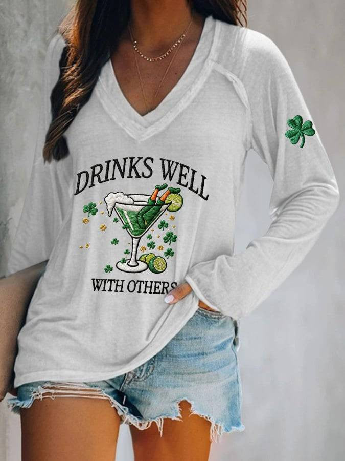  Drinks Well With Others Long Sleeve V-Neck T-Shirt St Pattys Shirt St Patrick's Gift Ideas - TradiViet