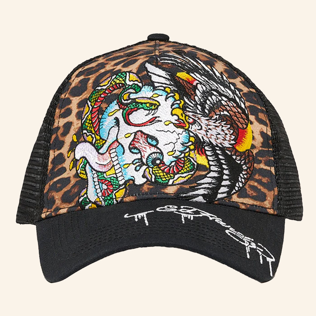 Ed Hardy Merch Battle Skull Leopard Trucker Hat Ed Hardy Hat Christmas Gifts For Son - Lilybirchmarket