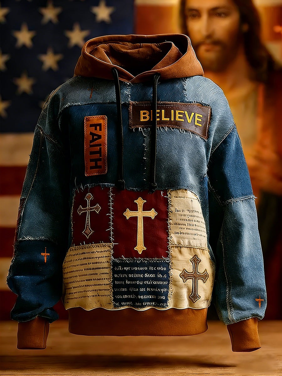 Faith Believe Christian Hoodie Cross Denim Style Religious Pullover Jesus Faith Hoodie - Lilybirchmarket