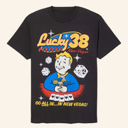 Fallout Merch Vault Boy Lucky 38 T-Shirt Go All In In New Vegas Shirt Gifts For Him - Lily Birch Market