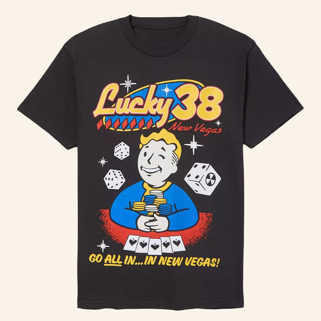 Fallout Merch Vault Boy Lucky 38 T-Shirt Go All In In New Vegas Shirt Gifts For Him - Lily Birch Market