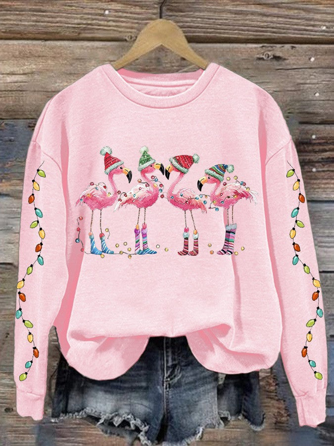 Flamingo With Christmas Lights Pink Sweatshirt Flamingo Lover Christmas Clothing Her Gifts - Lilybirchmarket