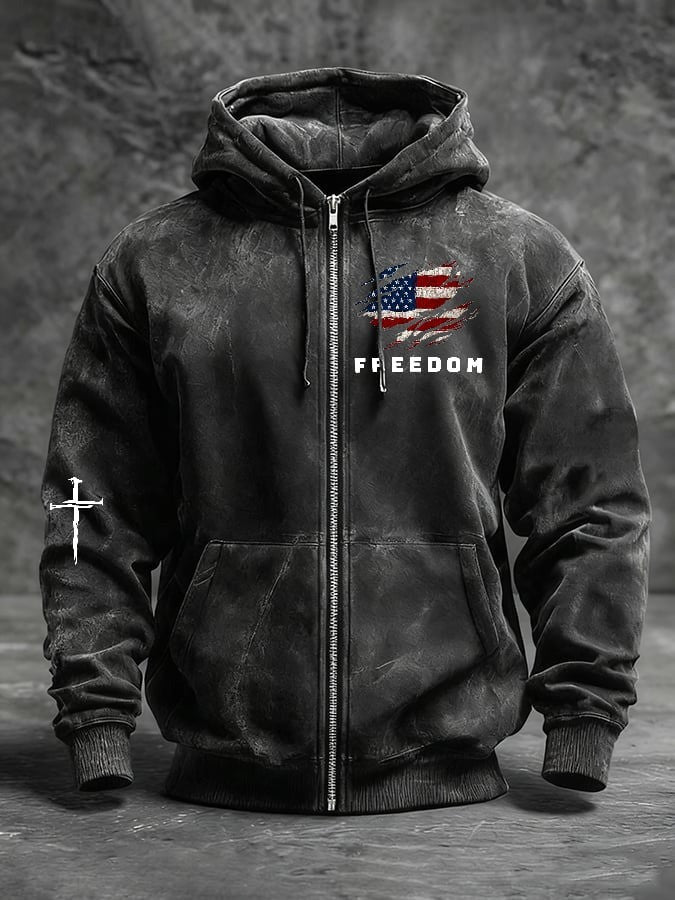 Freedom Charlie Kirk Washed Zip Hoodie American Flag TPUSA Merch Memorial Apparel - Lilybirchmarket