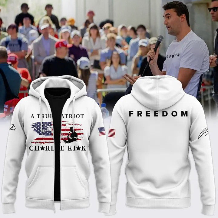 Freedom Charlie Kirk White Zip Hoodie Rest In Peace Charlie Kirk Memorial Apparel Gifts - Lilybirchmarket