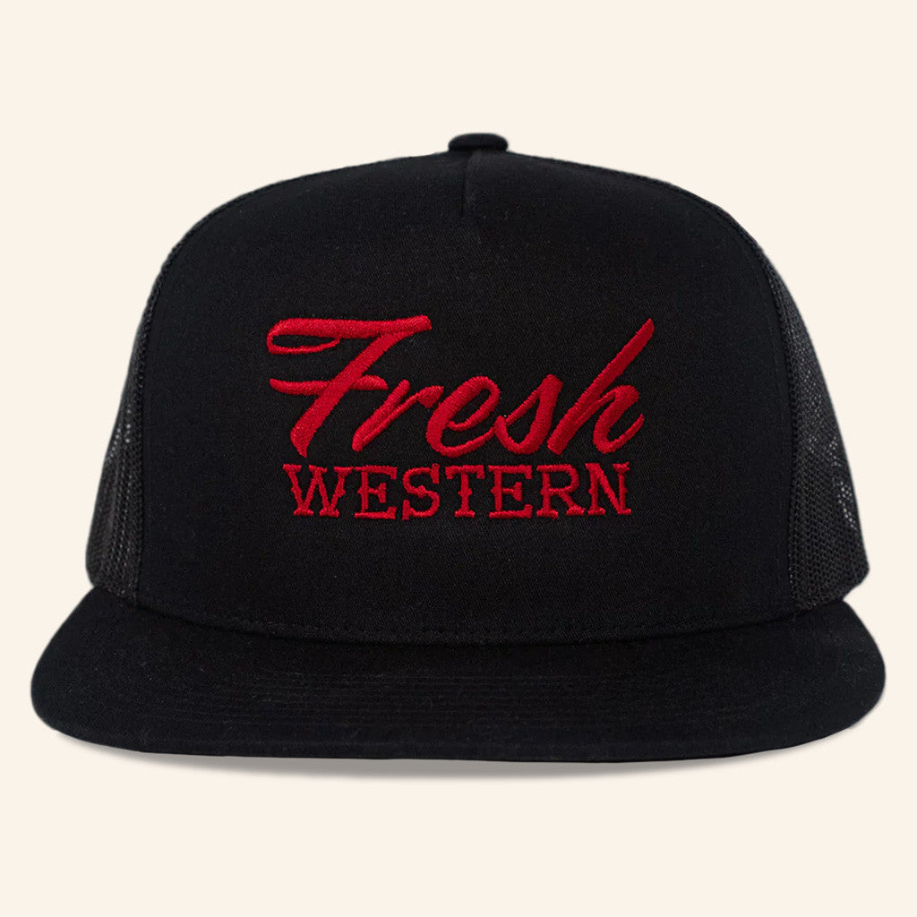 Fresh Western Hat Embroidered FW Trucker Snapback Hat Black And Red Gifts For Father - Lilybirchmarket