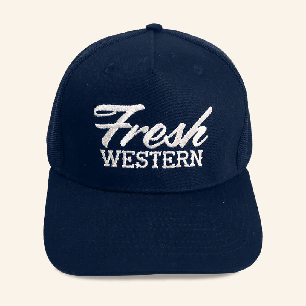 Fresh Western Hat Embroidered White And Navy Trucker Hat Gifts For Dad - Lilybirchmarket