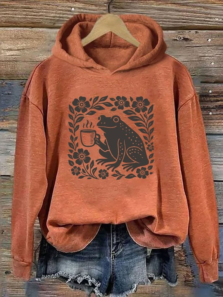 Frog Holding Coffee Boho Hoodie Floral Frog Hooded Sweatshirt Best Gifts For Frog Lovers - Lilybirchmarket