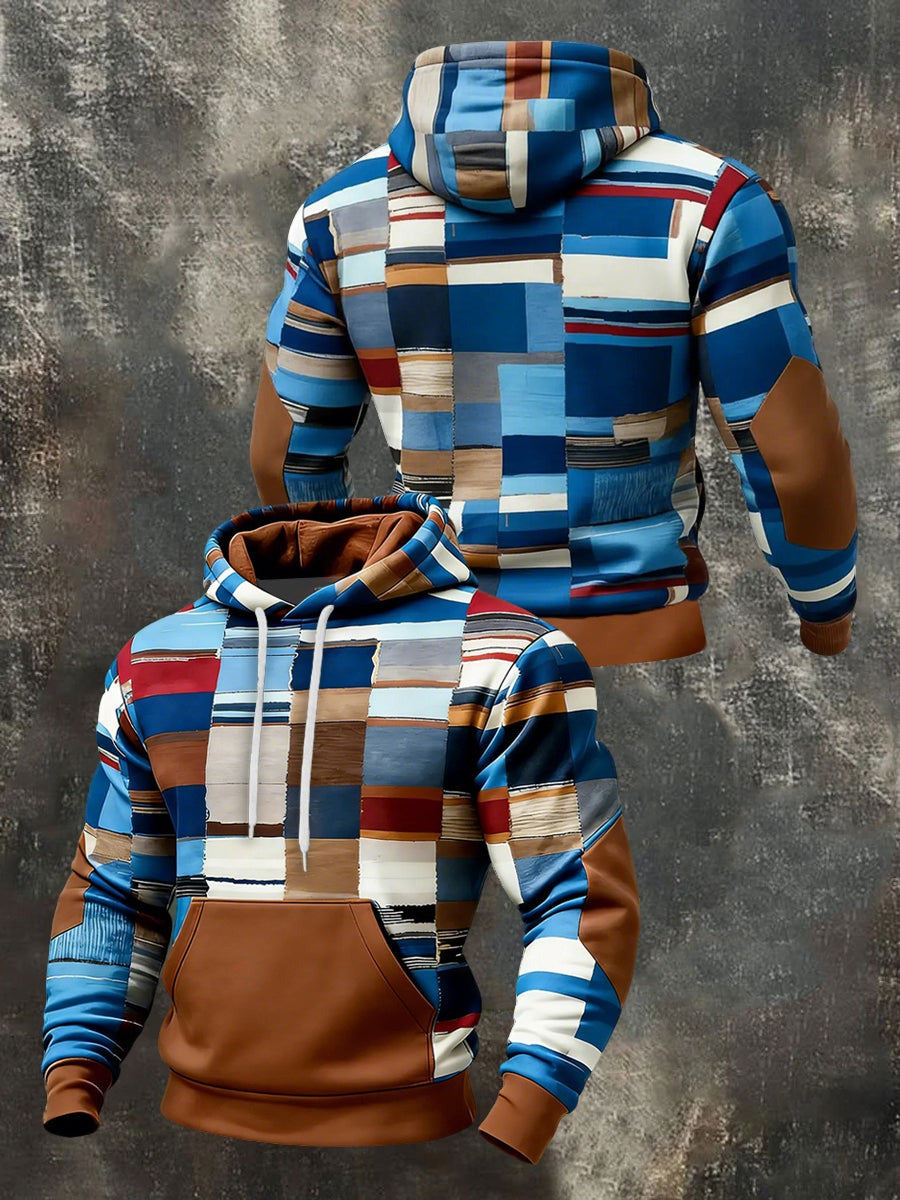 Geometric Plaid Hoodie Men's Abstract Block Pattern Hooded Sweatshirt Great Gifts For Dad - Lilybirchmarket
