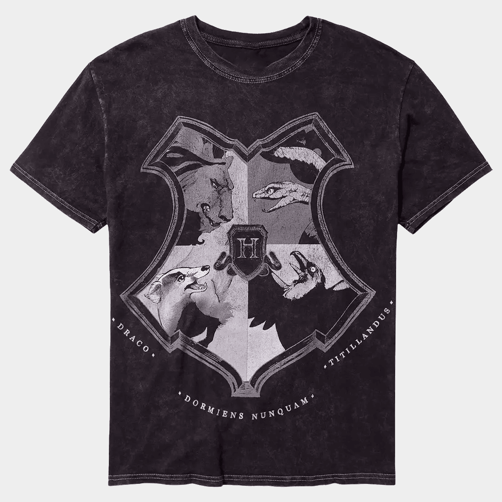 Harry Potter Merch Harry Potter Hogwarts Crest Monotone Dark Wash T-Shirt Gifts For Dudes - Lily Birch Market