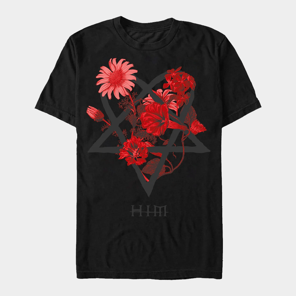 HIM Merch Heartagram Floral T-Shirt Black Gifts For Rock Music Lovers - Lily Birch Market